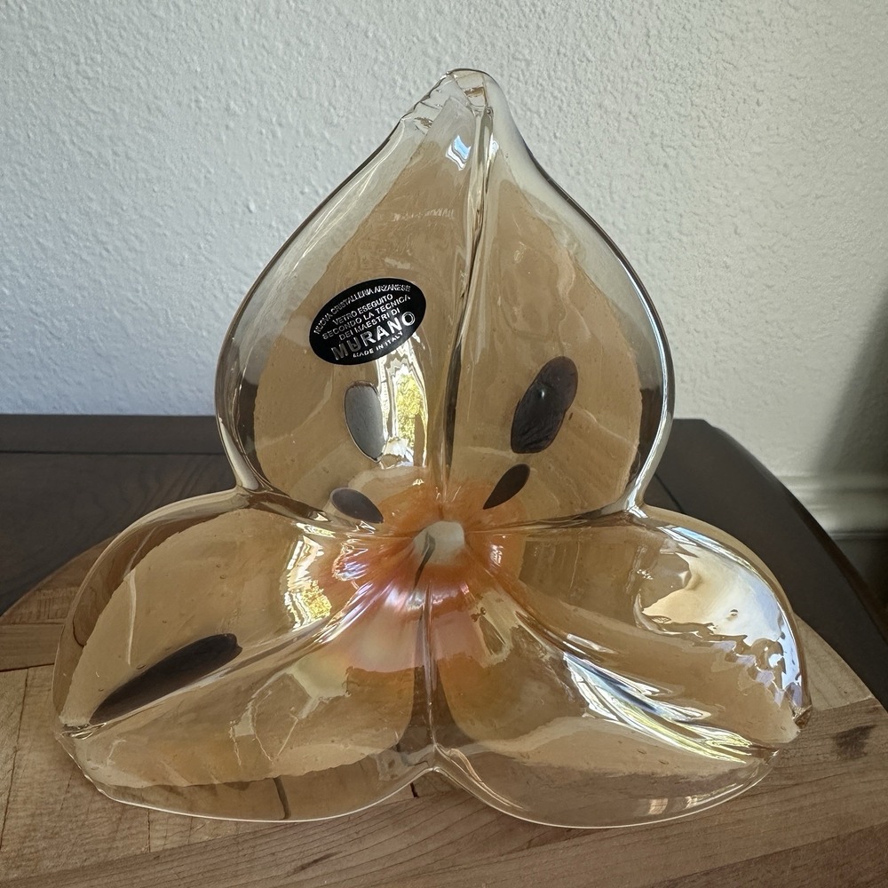 Vintage Murano Lily Flower 7 Inch Hand Blown Art‎ Glass Iridescent Peach Italy